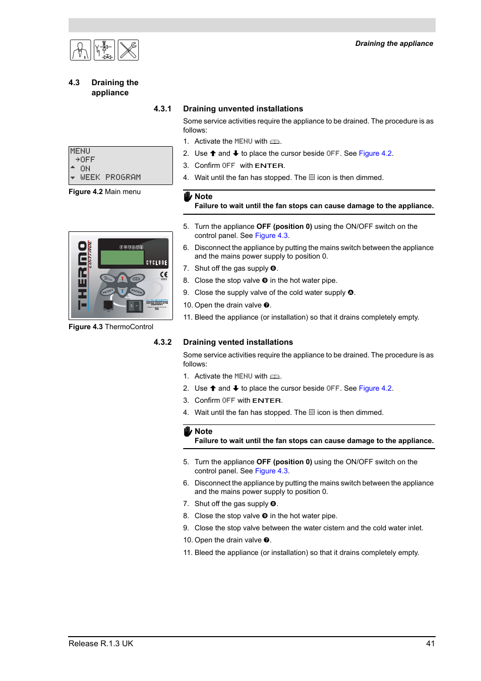 3 draining the appliance, 1 draining unvented installations, 2 draining vented installations | Draining the appliance 4.3.1, Draining unvented installations, Draining vented installations | A.O. Smith BFC - 28 User Manual | Page 41 / 96