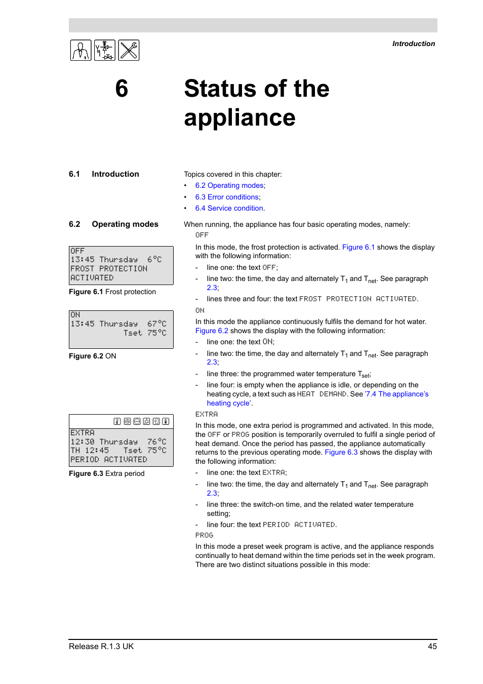 6 status of the appliance, 1 introduction, 2 operating modes | Status of the appliance, Introduction, Operating modes, 6status of the appliance | A.O. Smith BFC - 28 User Manual | Page 45 / 96