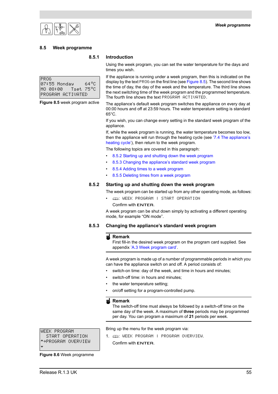 5 week programme, 1 introduction, 2 starting up and shutting down the week program | 3 changing the appliance’s standard week program, Week programme 8.5.1, Introduction, Starting up and shutting down the week program, Changing the appliance’s standard week program, Week programme | A.O. Smith BFC - 28 User Manual | Page 55 / 96