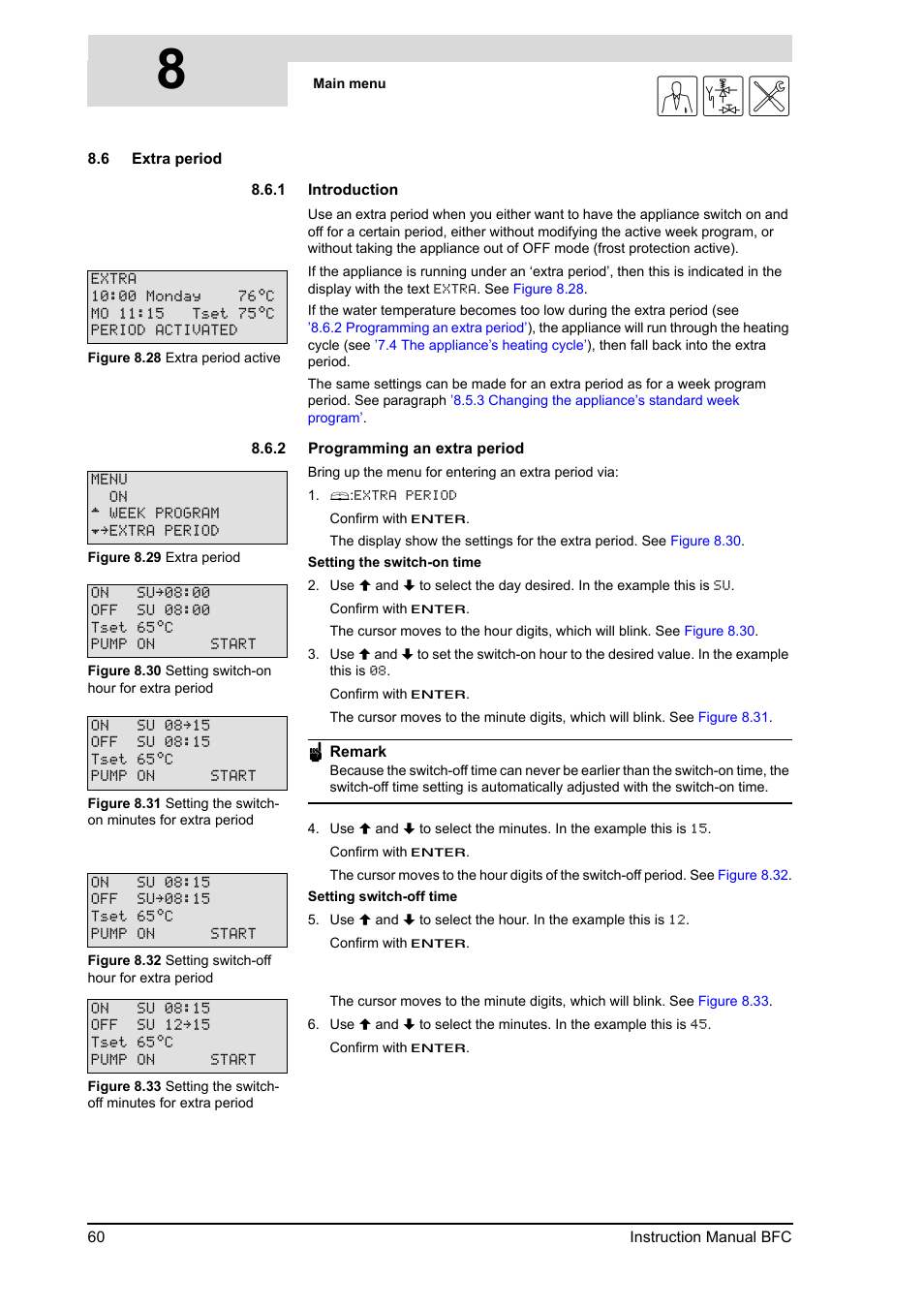 6 extra period, 1 introduction, 2 programming an extra period | Extra period 8.6.1, Introduction, Programming an extra period, Extra period, 6 extra, Period, 8gis | A.O. Smith BFC - 28 User Manual | Page 60 / 96