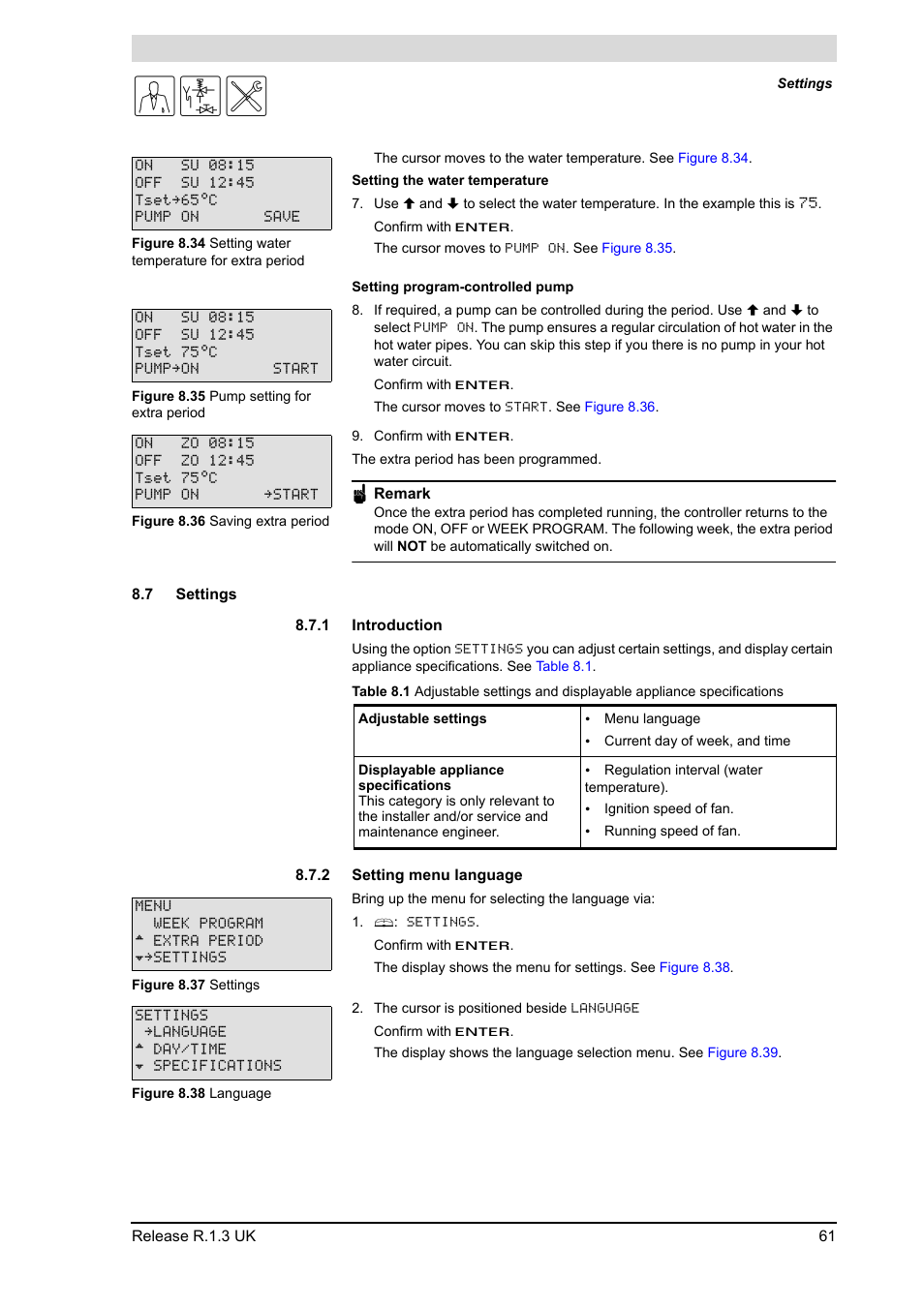 7 settings, 1 introduction, 2 setting menu language | Settings 8.7.1, Introduction, Setting menu language, Settings | A.O. Smith BFC - 28 User Manual | Page 61 / 96