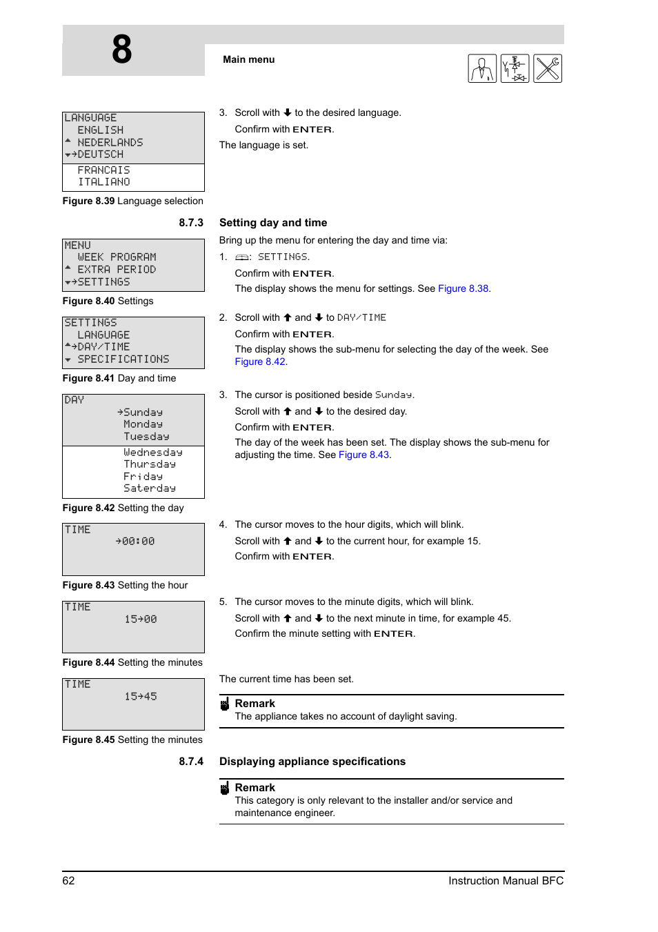 3 setting day and time, 4 displaying appliance specifications, Setting day and time | Displaying appliance specifications, 8gis | A.O. Smith BFC - 28 User Manual | Page 62 / 96