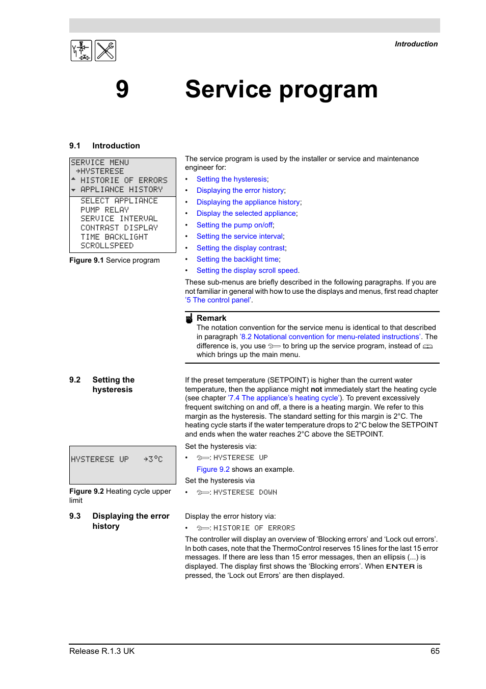9 service program, 1 introduction, 2 setting the hysteresis | 3 displaying the error history, Service program, Introduction, Setting the hysteresis, Displaying the error history, 9service program | A.O. Smith BFC - 28 User Manual | Page 65 / 96