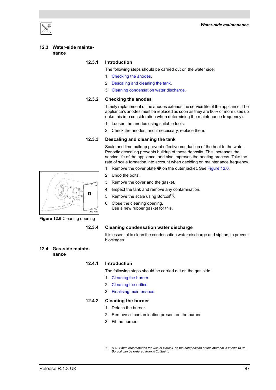 3 water-side maintenance, 1 introduction, 2 checking the anodes | 3 descaling and cleaning the tank, 4 cleaning condensation water discharge, 4 gas-side maintenance, 2 cleaning the burner, Water-side maintenance 12.3.1, Introduction, Checking the anodes | A.O. Smith BFC - 28 User Manual | Page 87 / 96