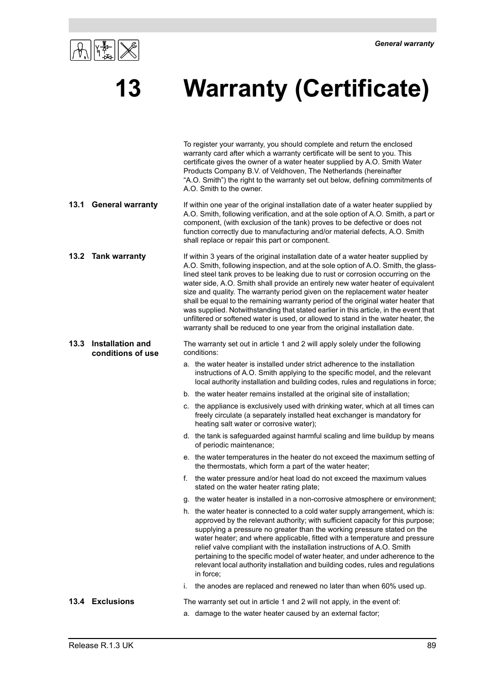 13 warranty (certificate), 1 general warranty, 2 tank warranty | 3 installation and conditions of use, 4 exclusions, Warranty (certificate), General warranty, Tank warranty, Installation and conditions of use, Exclusions | A.O. Smith BFC - 28 User Manual | Page 89 / 96