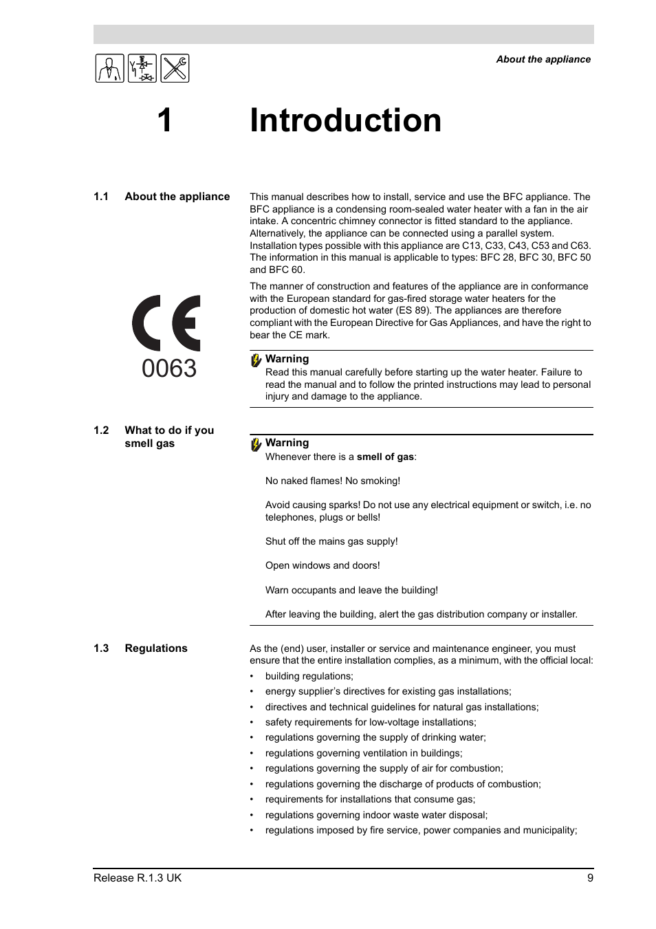 1 introduction, 1 about the appliance, 2 what to do if you smell gas | 3 regulations, Introduction, About the appliance, What to do if you smell gas, Regulations, 1introduction | A.O. Smith BFC - 28 User Manual | Page 9 / 96