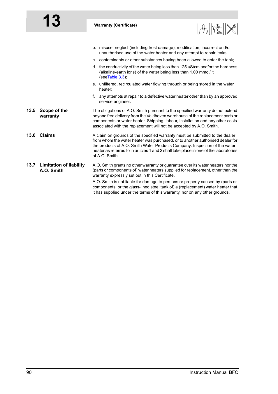 5 scope of the warranty, 6 claims, 7 limitation of liability a.o. smith | Scope of the warranty, Claims, Limitation of liability a.o. smith, 13 gis | A.O. Smith BFC - 28 User Manual | Page 90 / 96