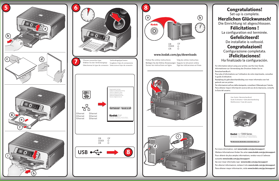 Herzlichen glückwunsch, Félicitations, Gefeliciteerd | Congratulazioni, Felicitaciones, Ab c d, Set-up is complete, Die einrichtung ist abgeschlossen, La configuration est terminée, De installatie is voltooid | Kodak ESP 7250 User Manual | Page 2 / 2