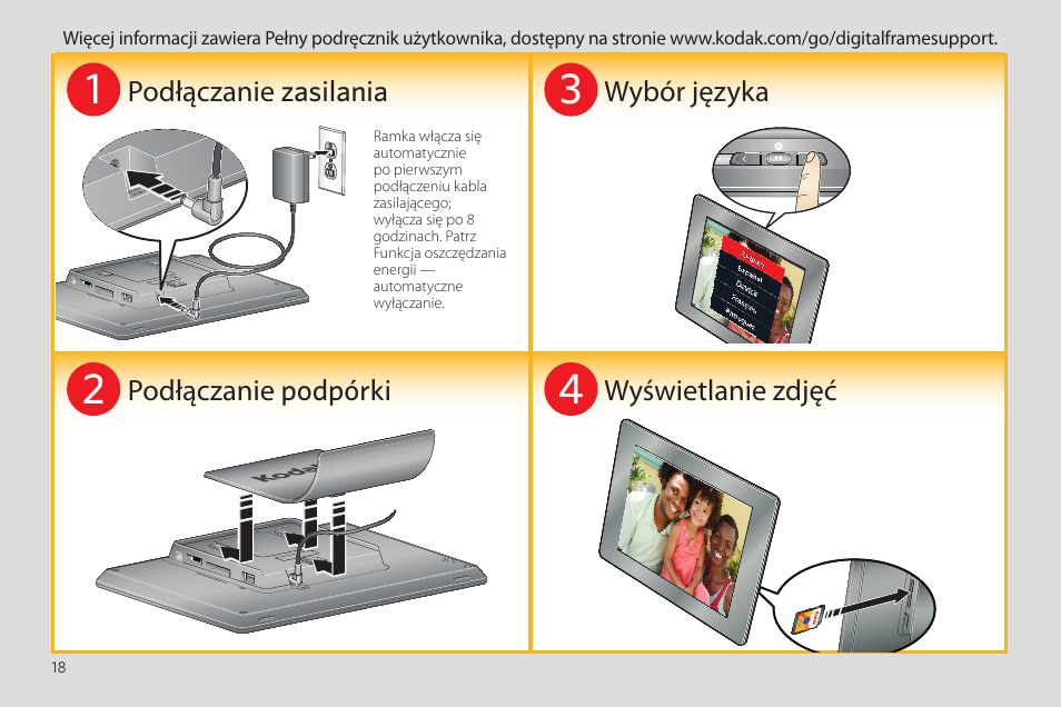 Podłączanie zasilania wybór języka, Podłączanie podpórki wyświetlanie zdjęć | Kodak P85 User Manual | Page 18 / 24