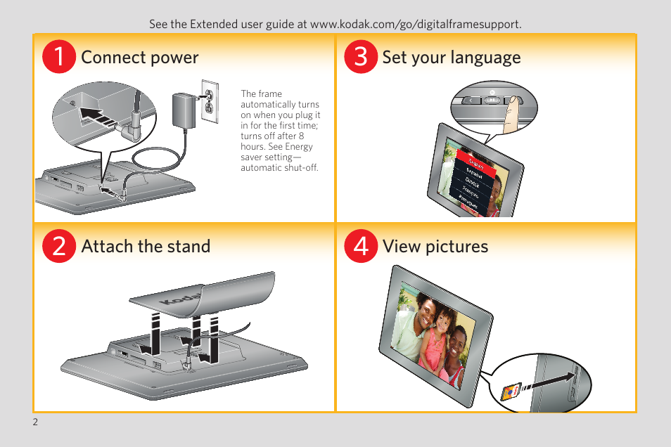 Connect power set your language, Attach the stand view pictures | Kodak P85 User Manual | Page 2 / 24