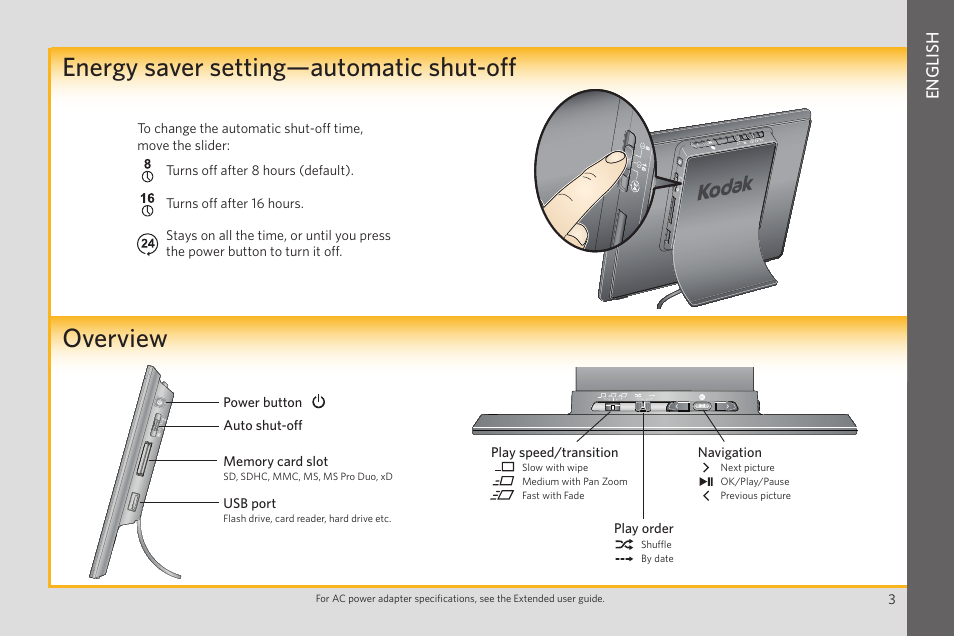 Overview energy saver setting—automatic shut-off, English | Kodak P85 User Manual | Page 3 / 24