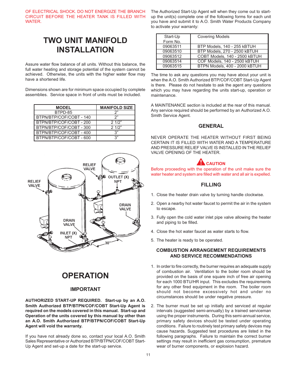 Two unit manifold installation, Operation | A.O. Smith COF User Manual | Page 11 / 16