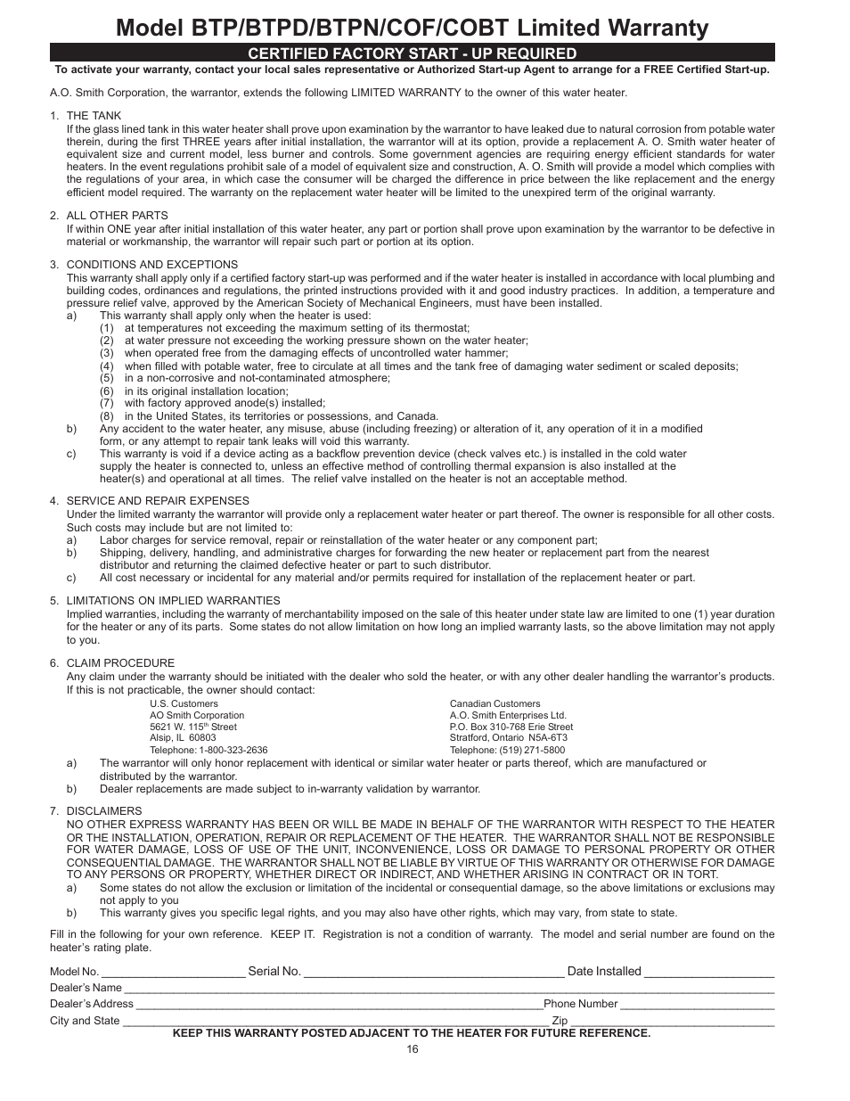 Model btp/btpd/btpn/cof/cobt limited warranty, Certified factory start - up required | A.O. Smith COF User Manual | Page 16 / 16