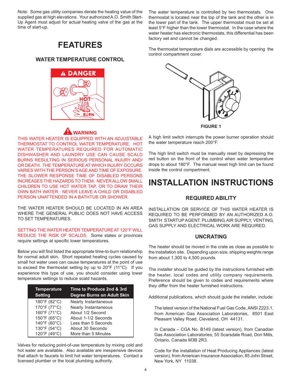Installation instructions, Features | A.O. Smith COF User Manual | Page 4 / 16