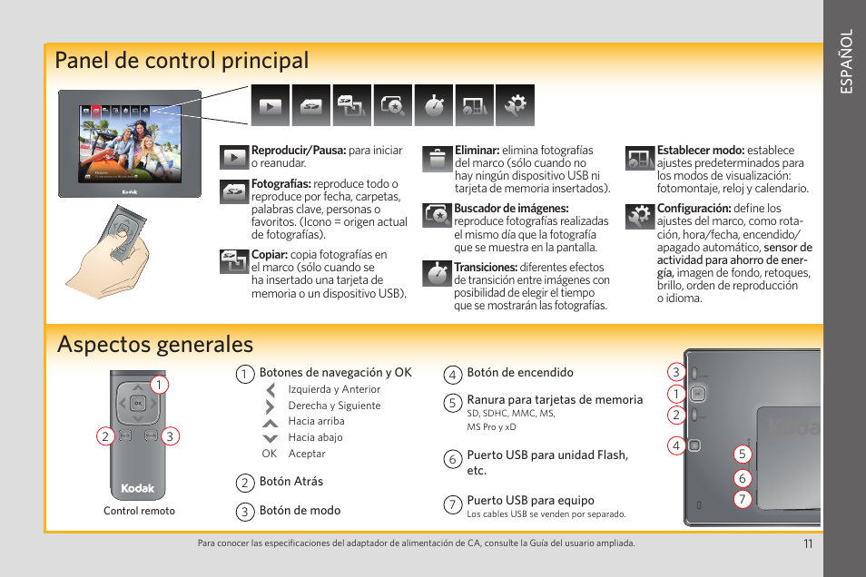 Aspectos generales, Panel de control principal, Esp añol | Kodak P850 User Manual | Page 11 / 24