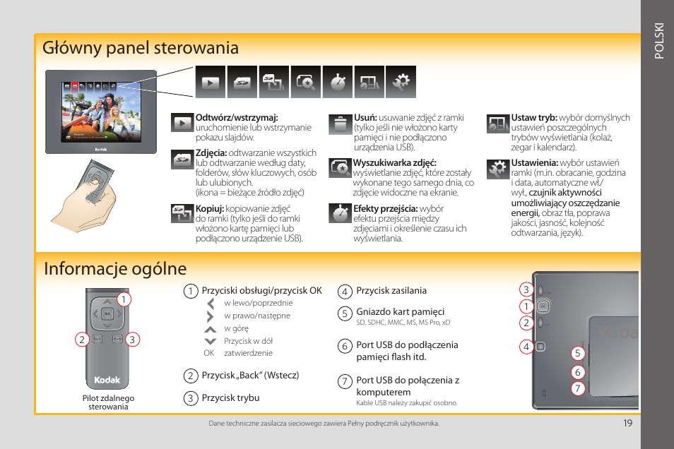 Informacje ogólne, Główny panel sterowania, Polski | Kodak P850 User Manual | Page 19 / 24
