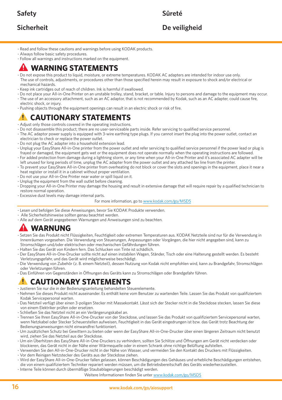 Warning statements, Cautionary statements, Warnung | Safety sicherheit sûreté de veiligheid | Kodak ESP 5 User Manual | Page 16 / 24