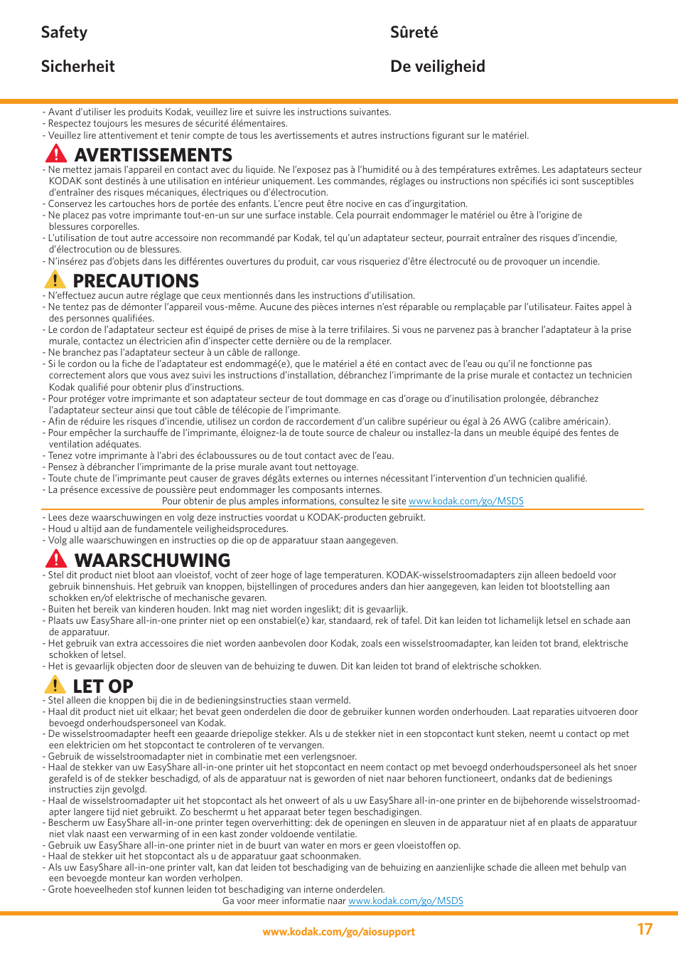 Avertissements, Precautions, Waarschuwing | Let op, Safety sicherheit sûreté de veiligheid 17 | Kodak ESP 5 User Manual | Page 17 / 24