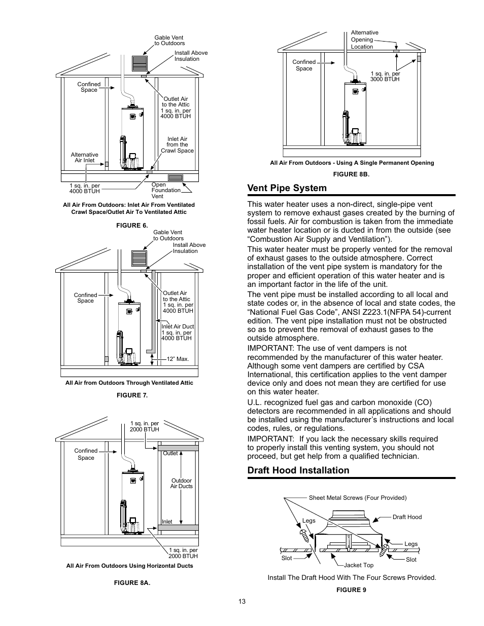 Vent pipe system, Draft hood installation | A.O. Smith 315456-002 User Manual | Page 13 / 40