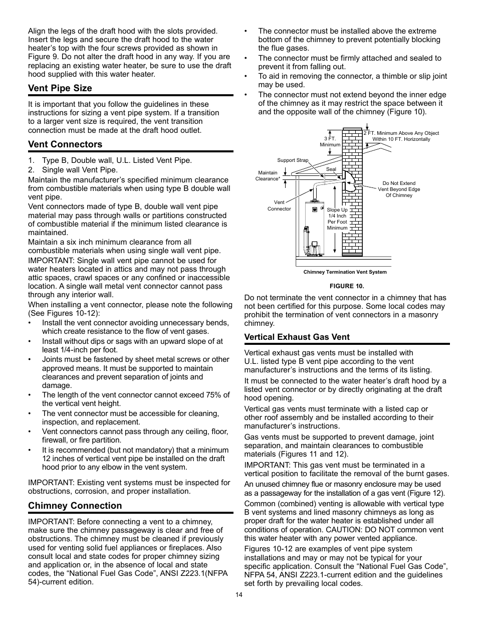 Vent pipe size, Vent connectors, Chimney connection | A.O. Smith 315456-002 User Manual | Page 14 / 40