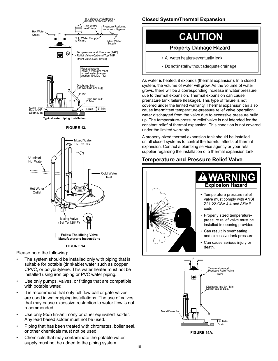 Temperature and pressure relief valve, Closed system/thermal expansion, Explosion hazard | A.O. Smith 315456-002 User Manual | Page 16 / 40
