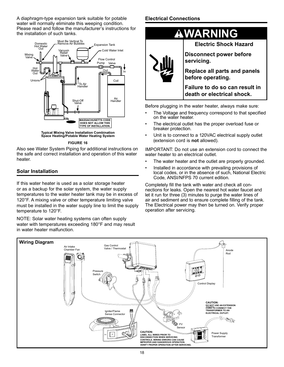 Warning, Electrical connections, Solar installation | A.O. Smith 315456-002 User Manual | Page 18 / 40