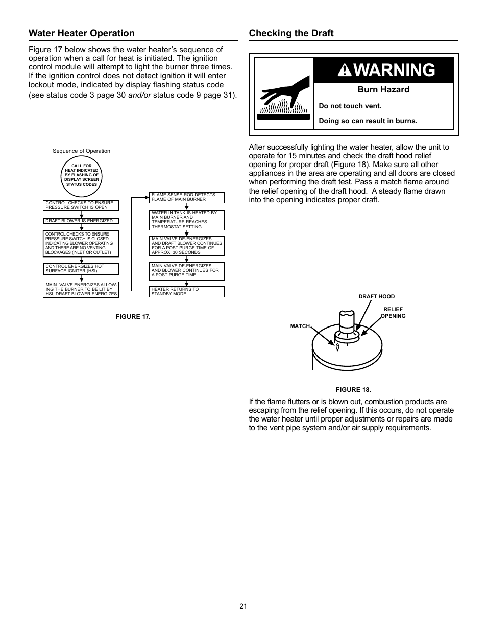 Warning, Checking the draft, Water heater operation | Burn hazard | A.O. Smith 315456-002 User Manual | Page 21 / 40