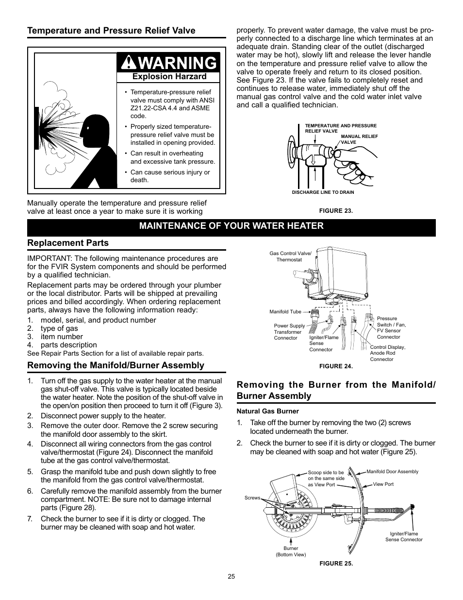 Replacement parts, Removing the manifold/burner assembly, Temperature and pressure relief valve | Maintenance of your water heater | A.O. Smith 315456-002 User Manual | Page 25 / 40