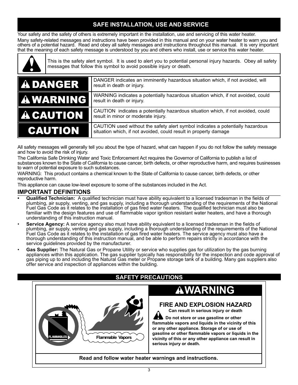 Danger, Warning, Caution | A.O. Smith 315456-002 User Manual | Page 3 / 40