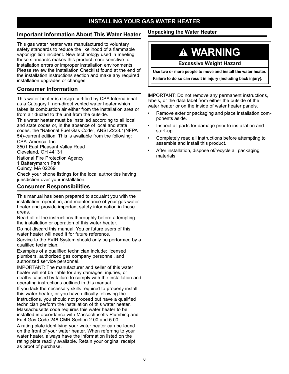Warning | A.O. Smith 315456-002 User Manual | Page 6 / 40