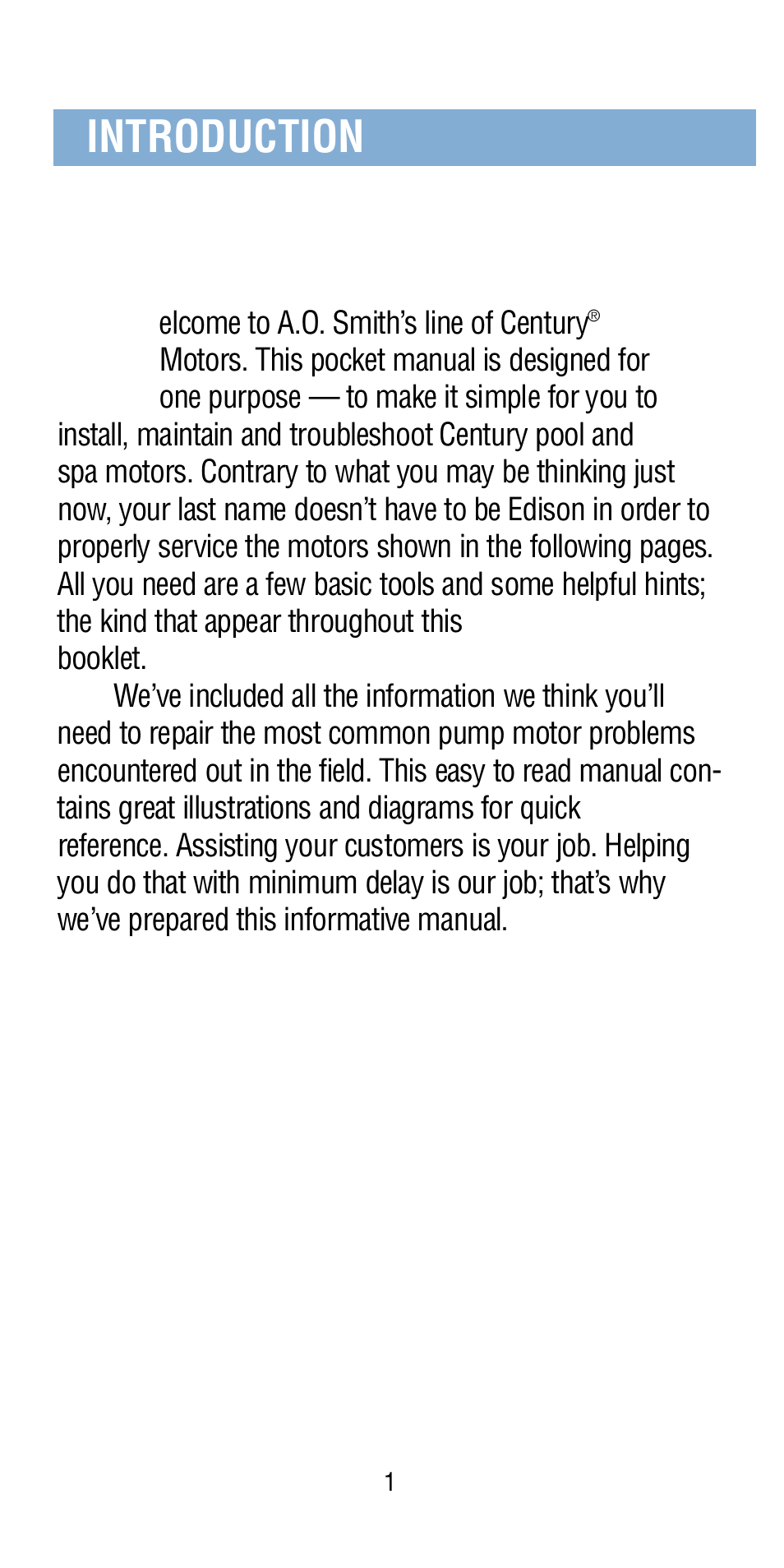 Introduction | A.O. Smith Century Pool & Spa Motor User Manual | Page 2 / 59