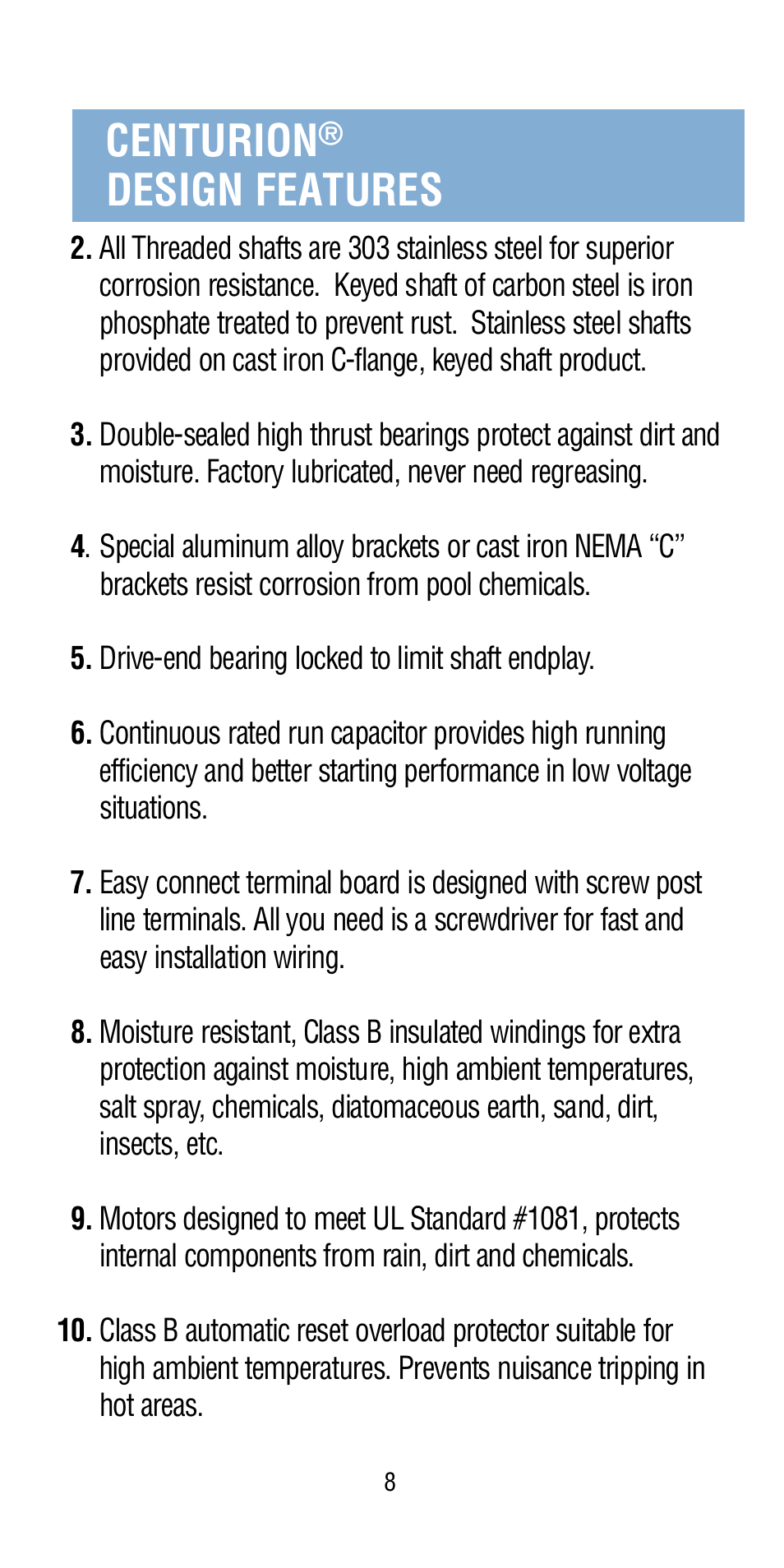 Centurion, Design features | A.O. Smith Century Pool & Spa Motor User Manual | Page 9 / 59