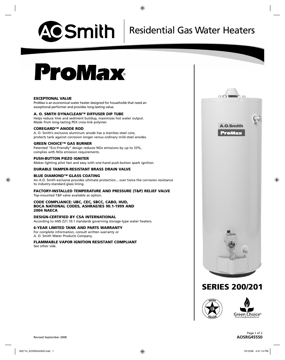 A.O. Smith 201 User Manual | 2 pages