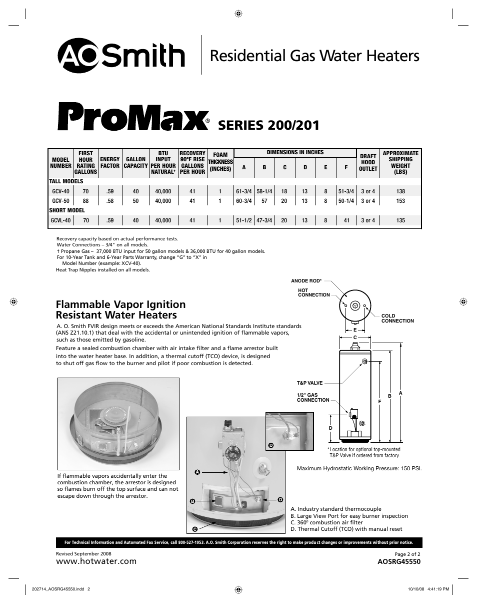 Residential gas water heaters, Flammable vapor ignition resistant water heaters | A.O. Smith 201 User Manual | Page 2 / 2