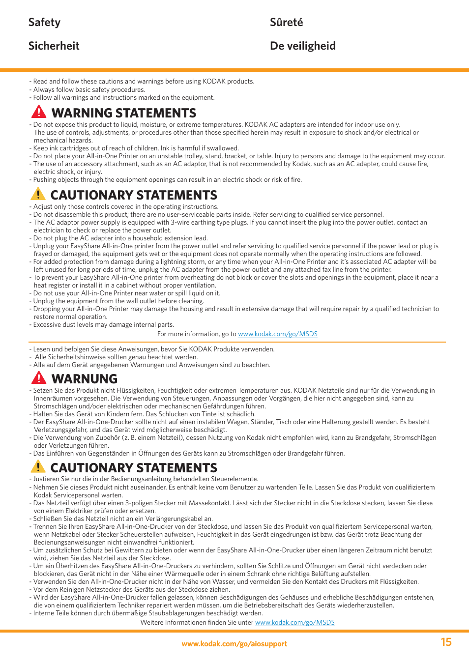 Warning statements, Cautionary statements, Warnung | Safety sicherheit sûreté de veiligheid | Kodak ESP 3 User Manual | Page 15 / 24