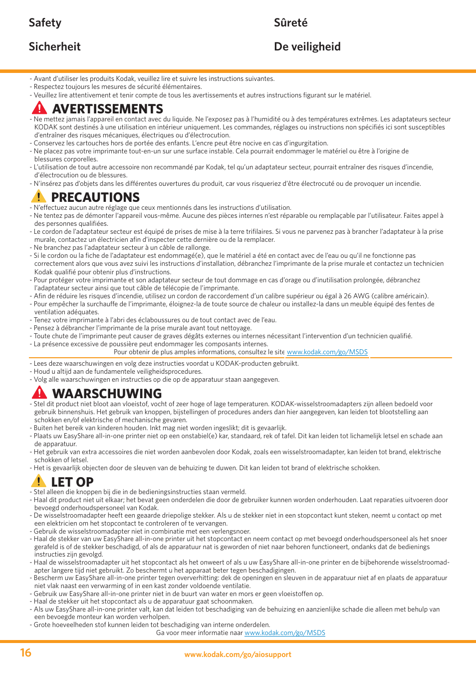 Avertissements, Precautions, Waarschuwing | Let op, Safety sicherheit sûreté de veiligheid | Kodak ESP 3 User Manual | Page 16 / 24