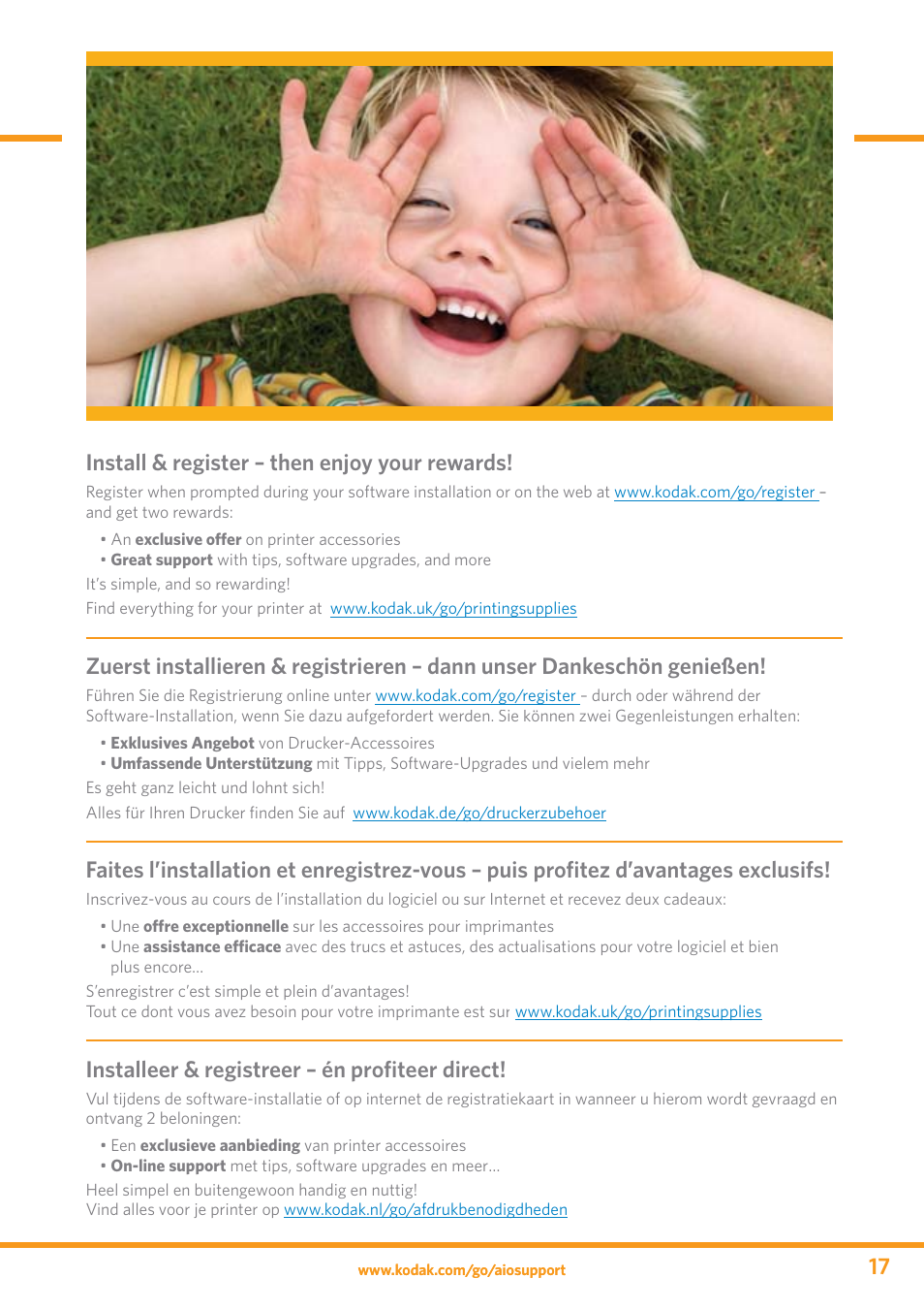 17 install & register – then enjoy your rewards, Installeer & registreer – én profi teer direct | Kodak ESP 3 User Manual | Page 17 / 24
