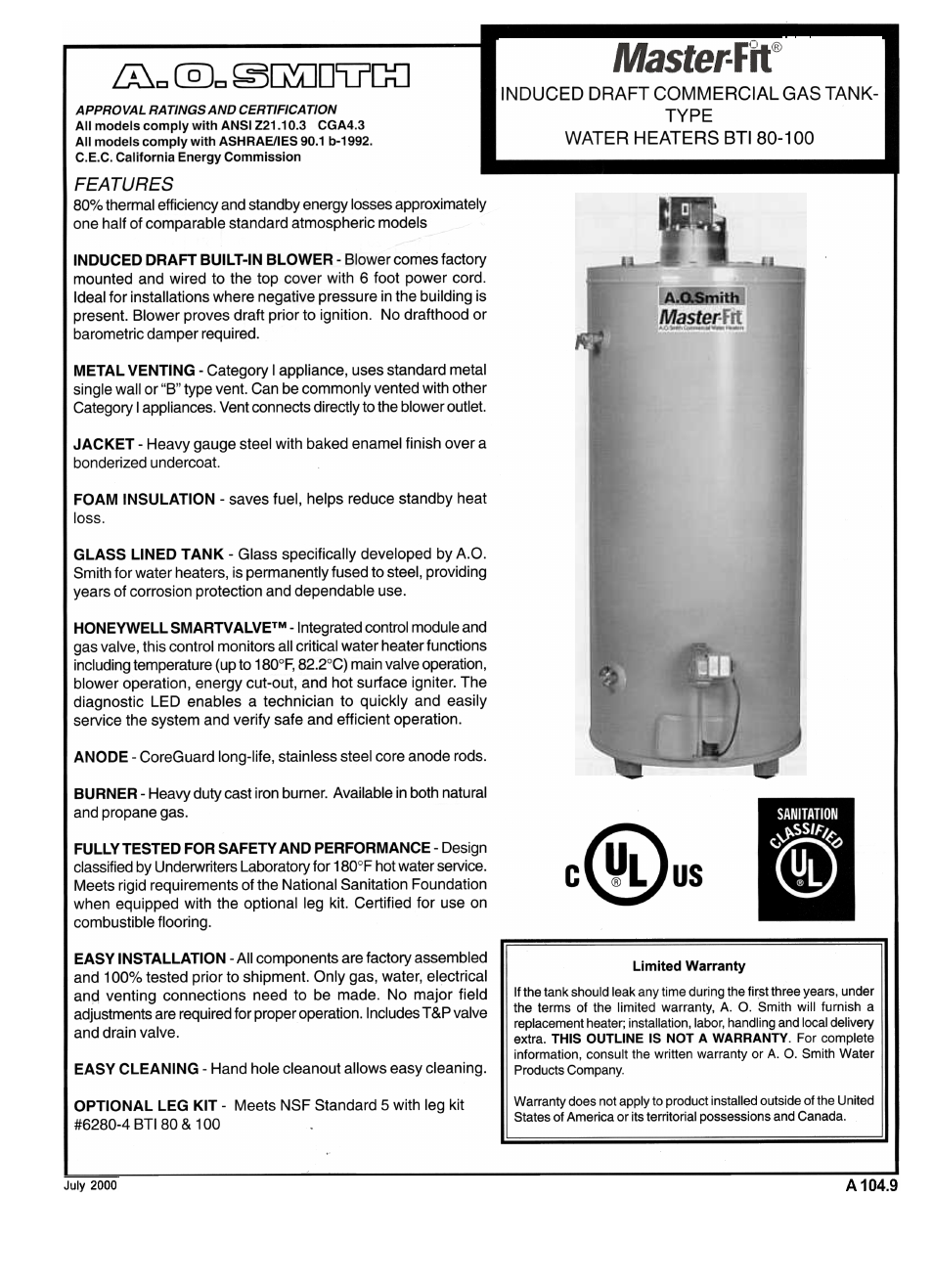 A.O. Smith BT180-100 User Manual | 1 page