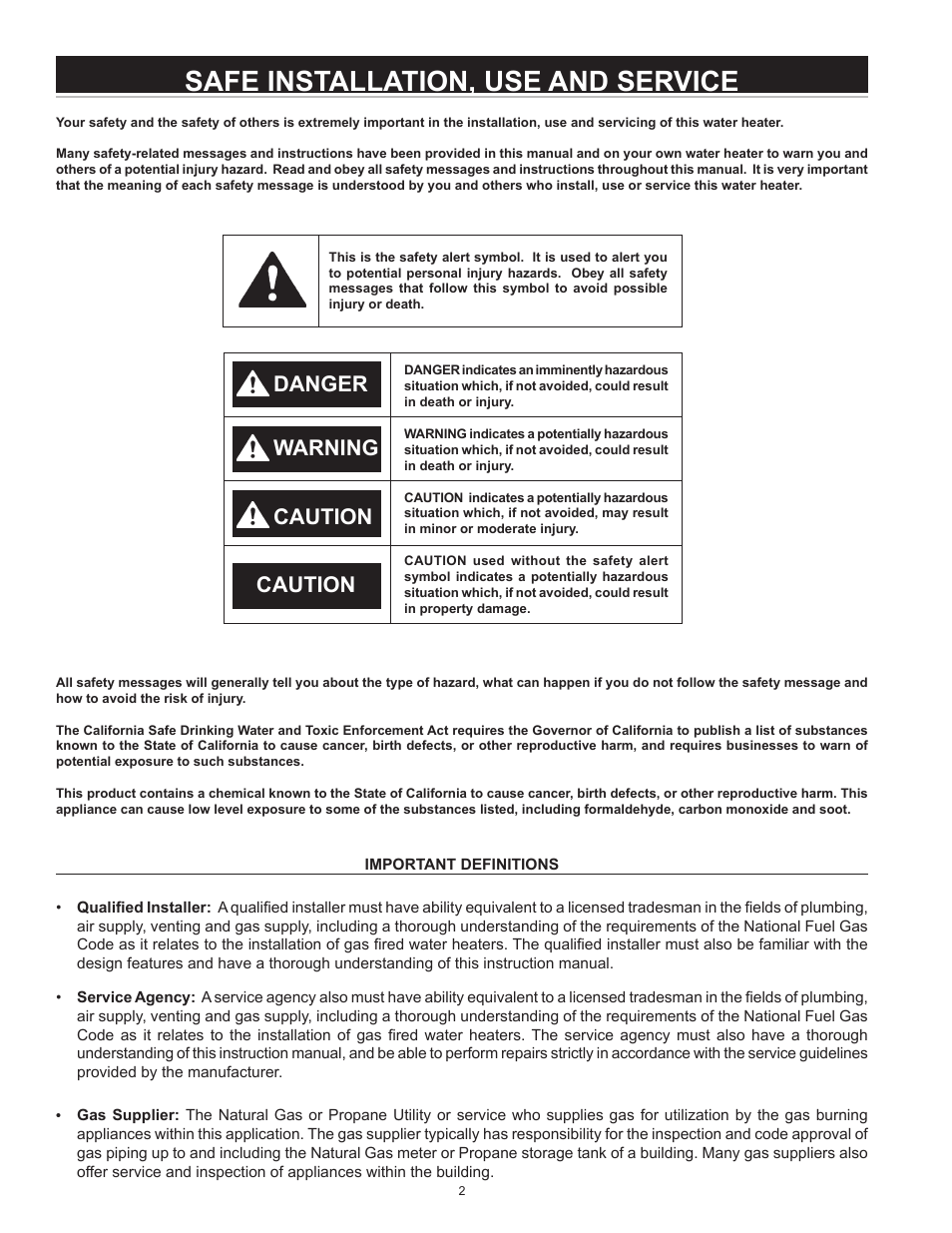 Safe installation, use and service, Danger warning caution, Caution | A.O. Smith 185874-001 User Manual | Page 2 / 32