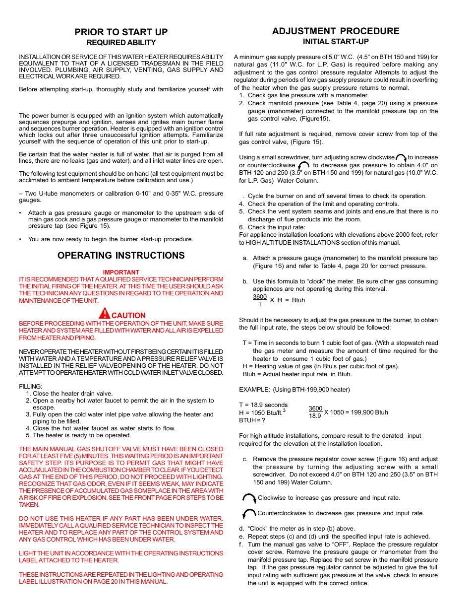 Adjustment procedure, Prior to start up, Operating instructions | A.O. Smith BTH 120 - 250 User Manual | Page 18 / 32