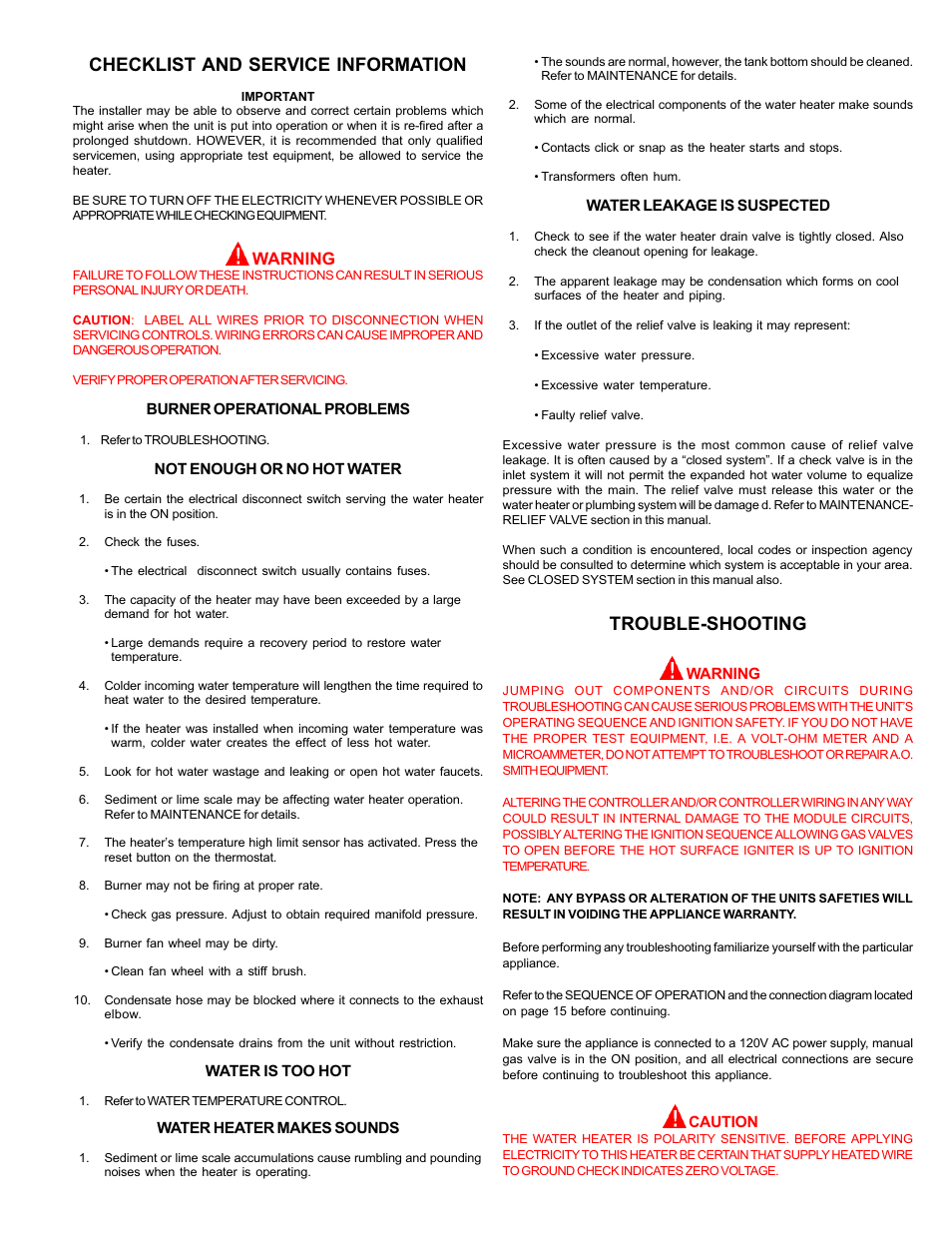Checklist and service information, Trouble-shooting, Warning | A.O. Smith BTH 120 - 250 User Manual | Page 29 / 32