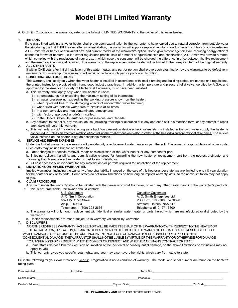 Model bth limited warranty | A.O. Smith BTH 120 - 250 User Manual | Page 31 / 32