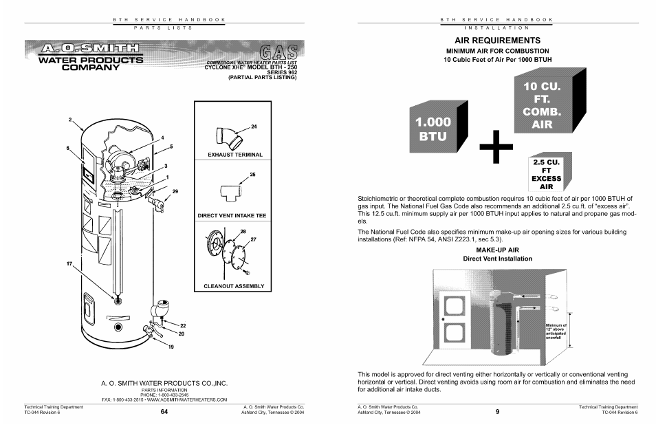 Make-up air direct vent installation, Air requirements | A.O. Smith 960 through 967 User Manual | Page 10 / 74