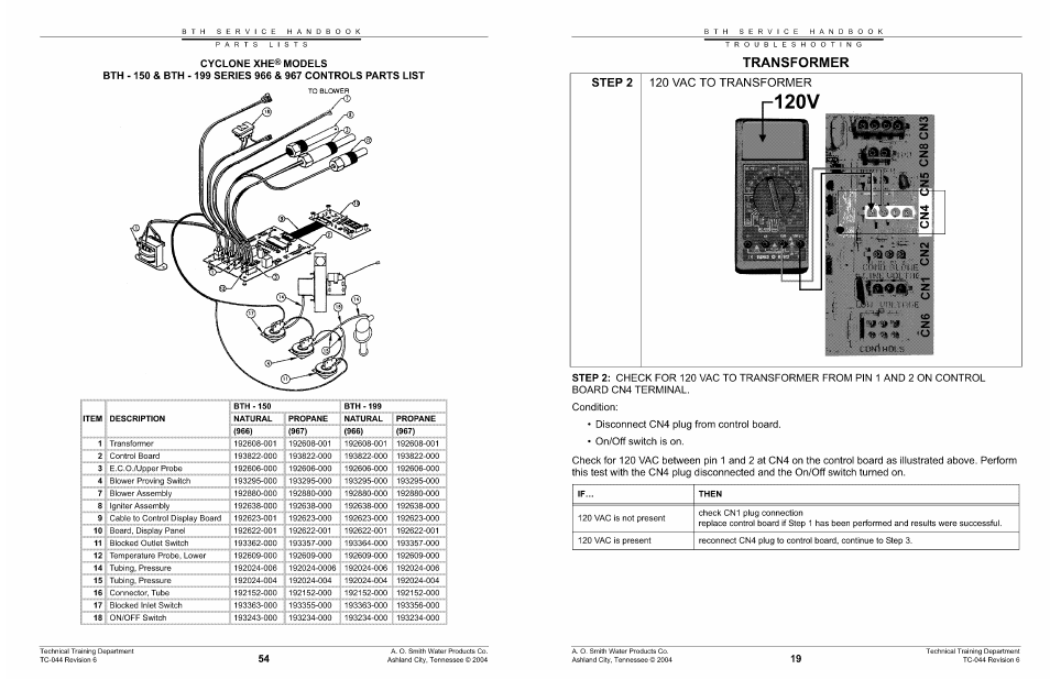 I 120v, Transformer, 120 vac to transformer | A.O. Smith 960 through 967 User Manual | Page 20 / 74