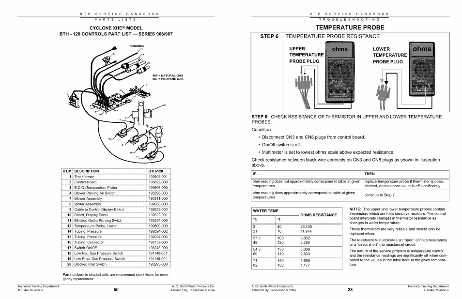 Lower, Temperature probe plug, Ohms | Temperature probe, 6 temperature probe resistance | A.O. Smith 960 through 967 User Manual | Page 24 / 74