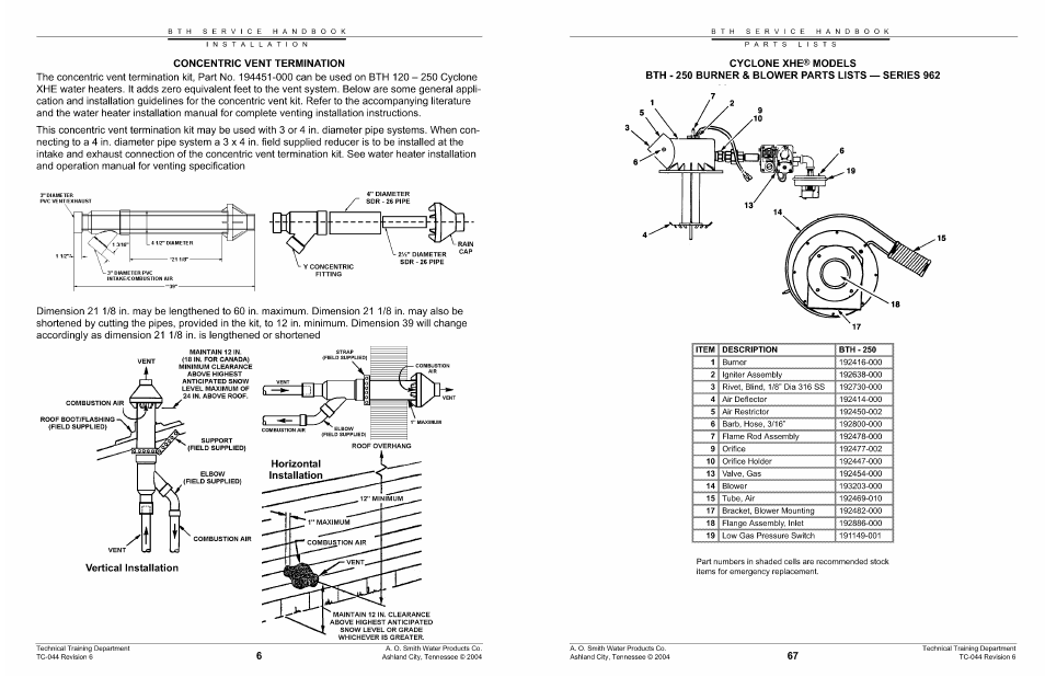 Concentric vent termination, Vertical installation | A.O. Smith 960 through 967 User Manual | Page 7 / 74