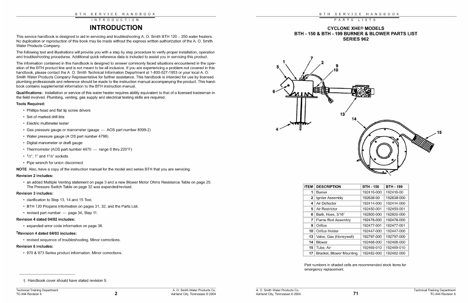 Cyclone xhe® models, Bth -150 & bth -199 burner & blower parts list, Series 962 | A.O. Smith 960 through 967 User Manual | Page 72 / 74