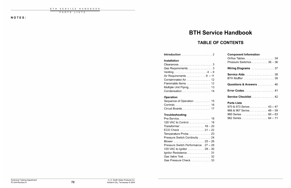 Notes | A.O. Smith 960 through 967 User Manual | Page 73 / 74