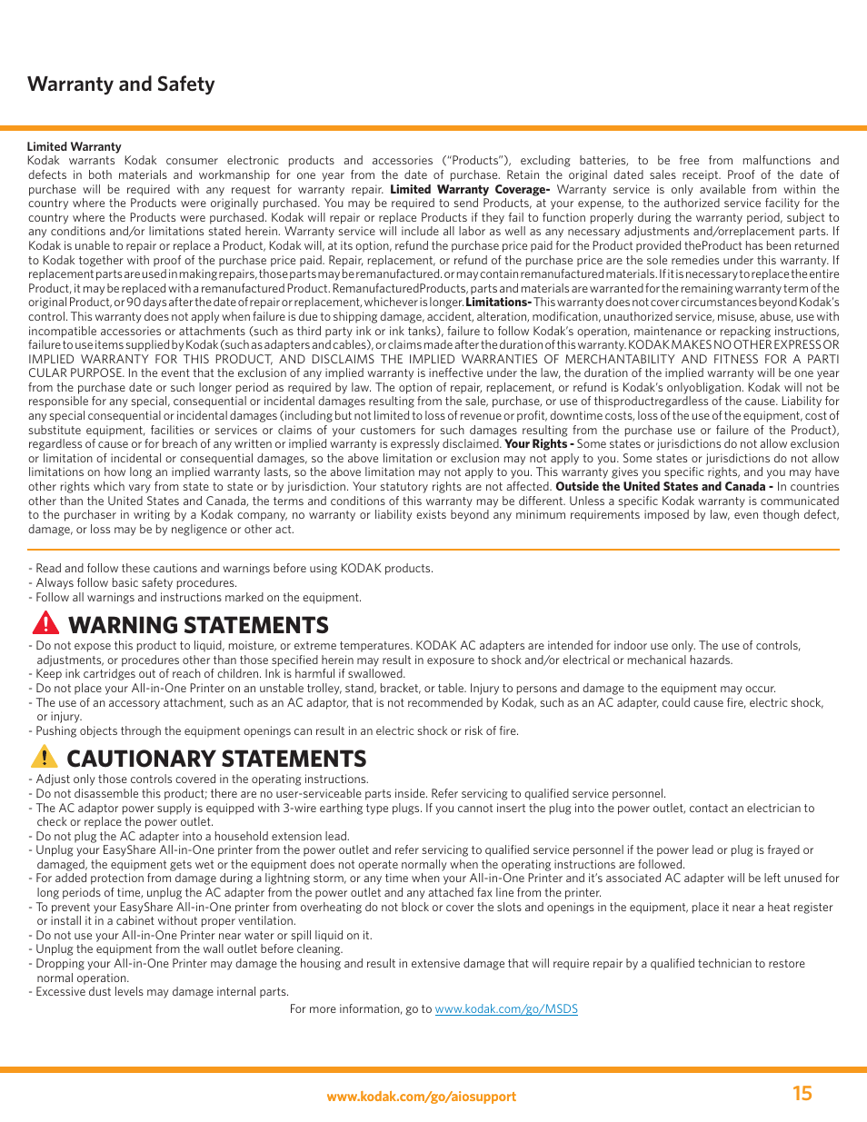 Warning statements, Cautionary statements, Warranty and safety | Kodak ESP 5 User Manual | Page 15 / 24