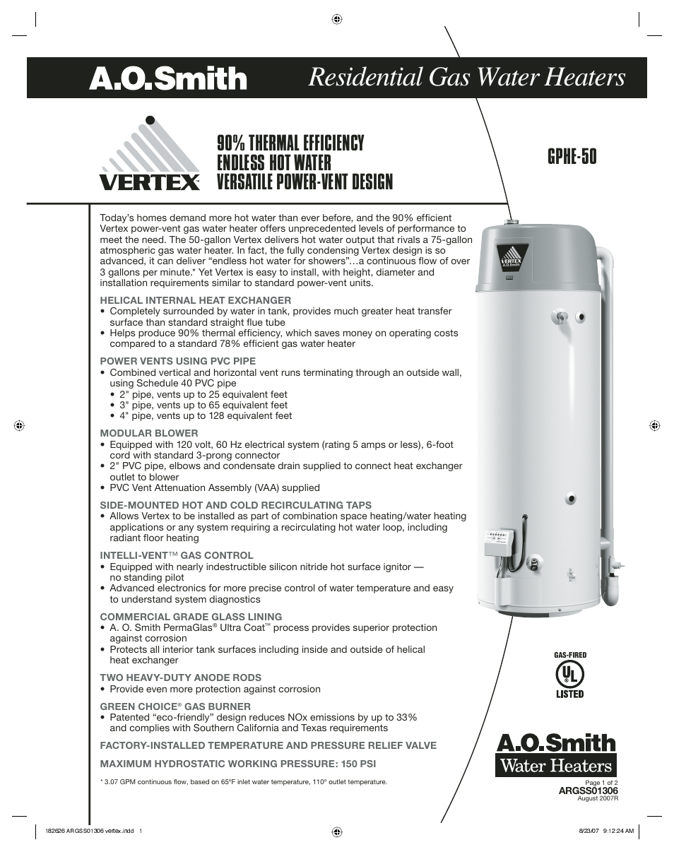 A.O. Smith Vertex GPHE-50 User Manual | 2 pages